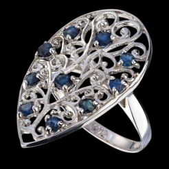 Prsteň strieborný, modrý zafír, ornament