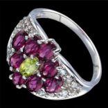 Prstene s kameňmi - Prsteň strieborný, rhodolit granát, peridot, biely topás, luxusný